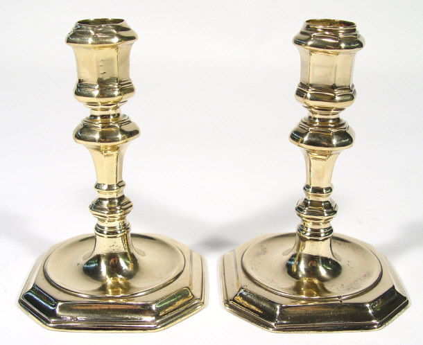 Appraisal: Pair of th Century design octagonal brass dwarf candlesticks cm