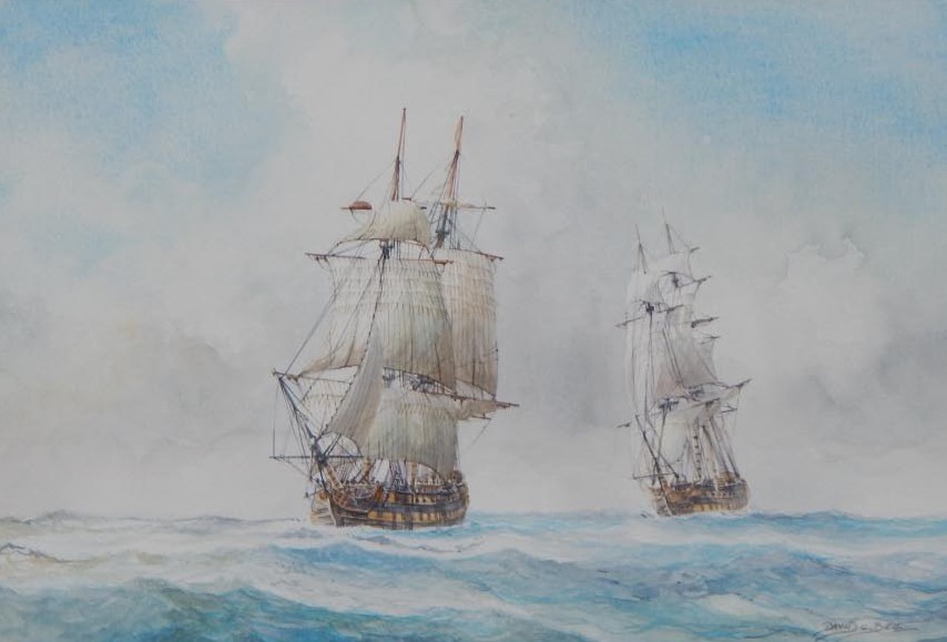 Appraisal: David C Bell b Masted ships at sea watercolour signed