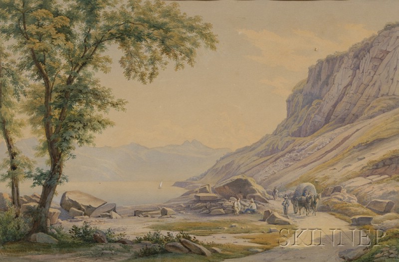 Appraisal: British School th Century View with Travelers by Wagon on