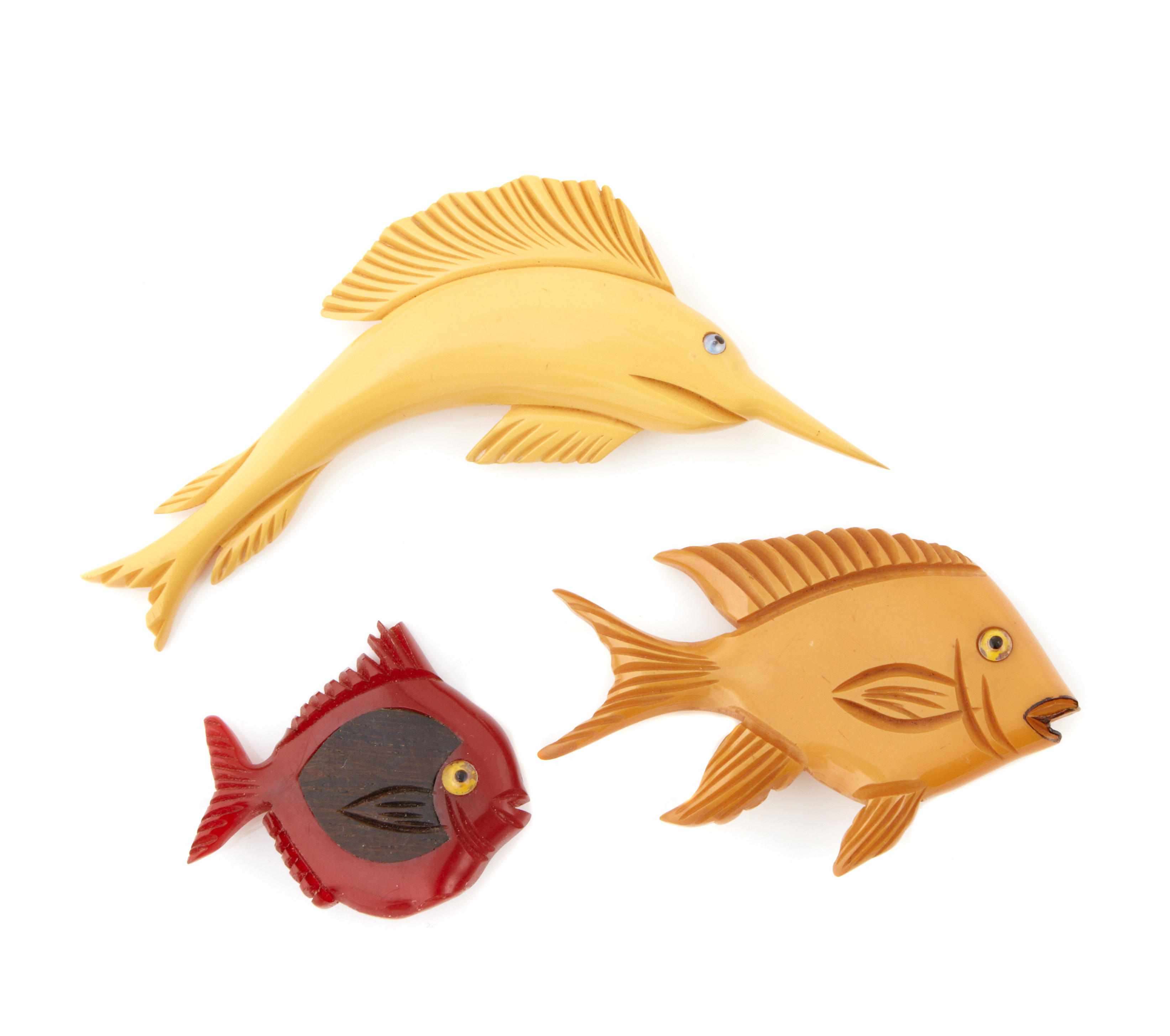 Appraisal: Three Bakelite fish brooches each diameter x x x in