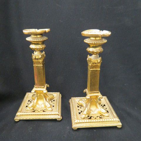 Appraisal: Pair of French Bronzed Candlesticks dolphin column design late th