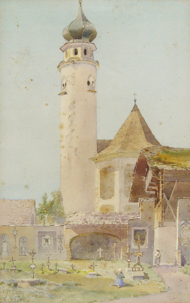 Appraisal: RJM Danne 'Belfry Tower at Innichien Tyrol' - Architectural watercolour