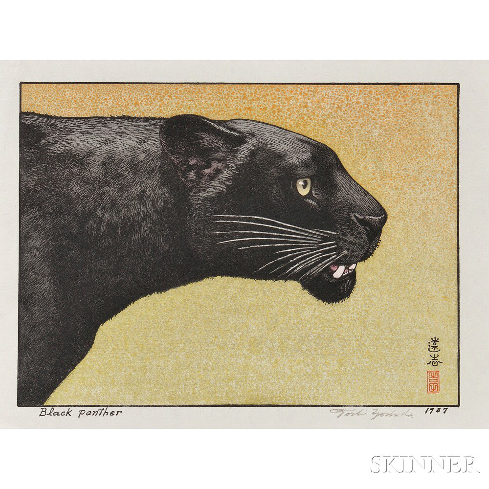 Appraisal: Toshi Yoshida - Black Panther Japan color woodblock print signed