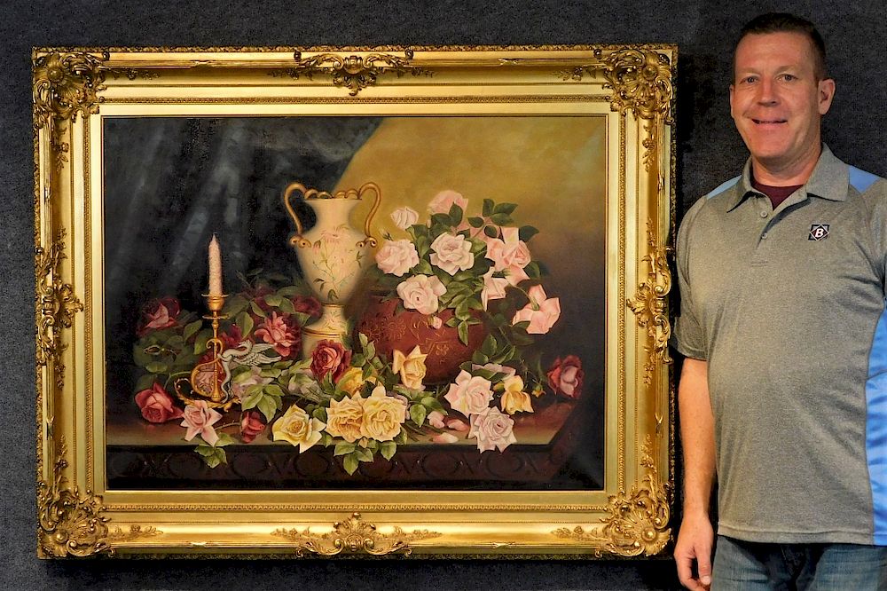 Appraisal: LARGE Attrib E C Leavitt Roses Still Life Painting Edward