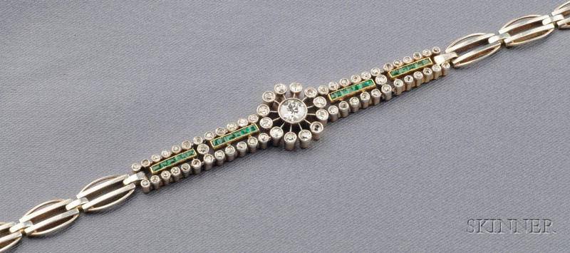 Appraisal: Emerald and Diamond Bracelet centering an old European-cut diamond weighing