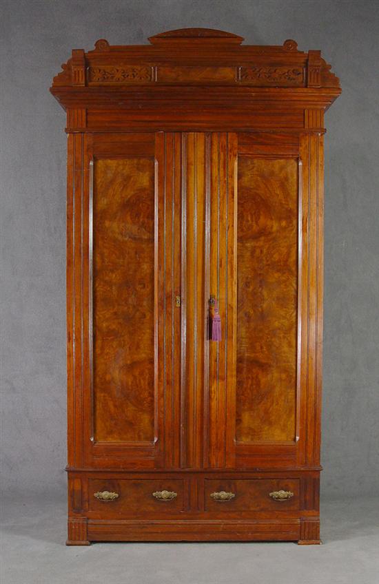 Appraisal: Walnut Burl Veneer Wardrobe Circa Shell carved crest above two