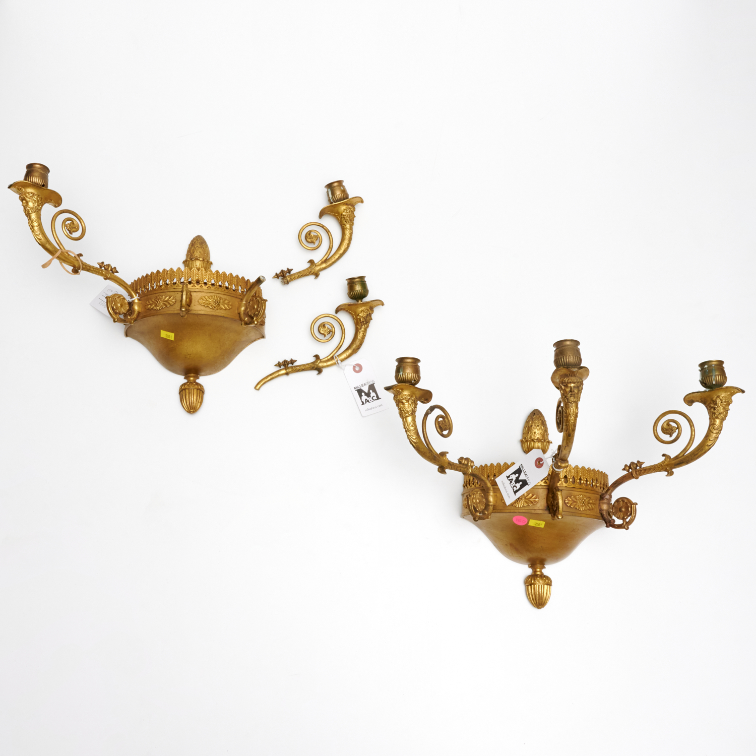 Appraisal: NICE PAIR EMPIRE GILT BRONZE WALL SCONCES th c each