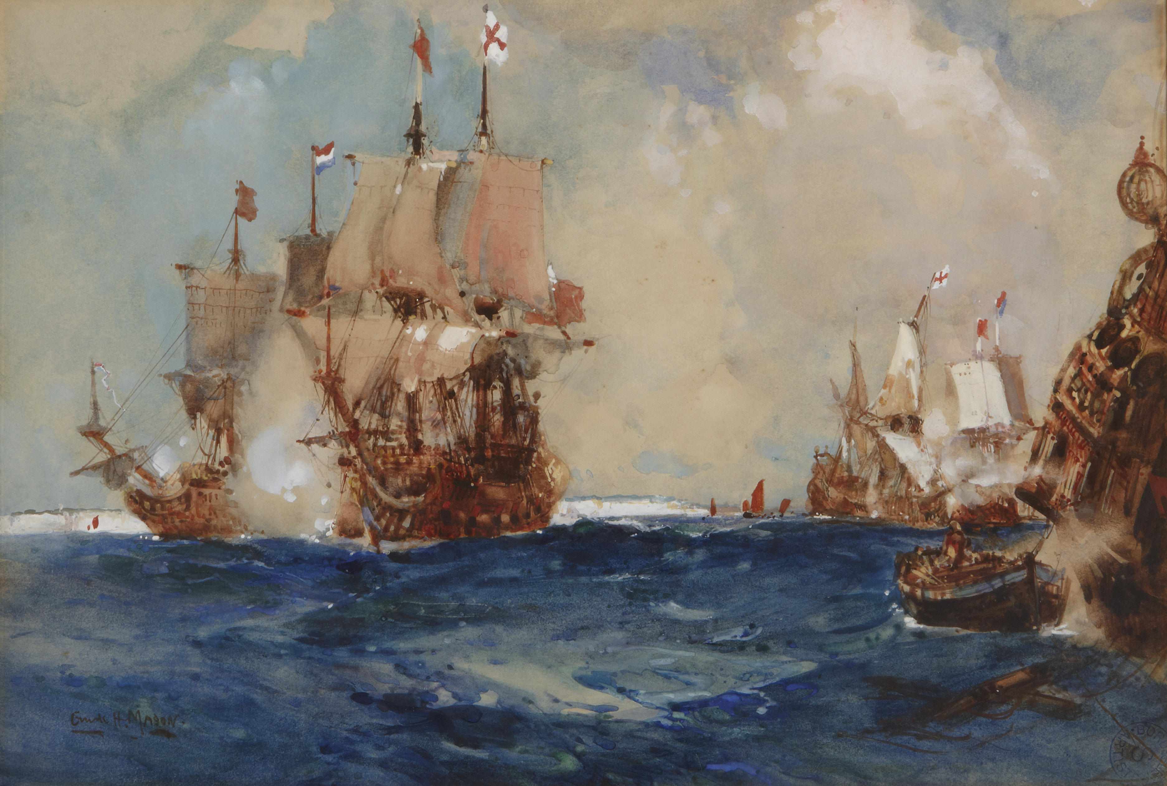 Appraisal: Frank Henry Mason British - Coastal battle signed 'Frank H