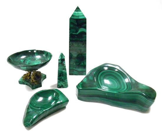 Appraisal: Five green malachite desk accessories three carved solid pieces large