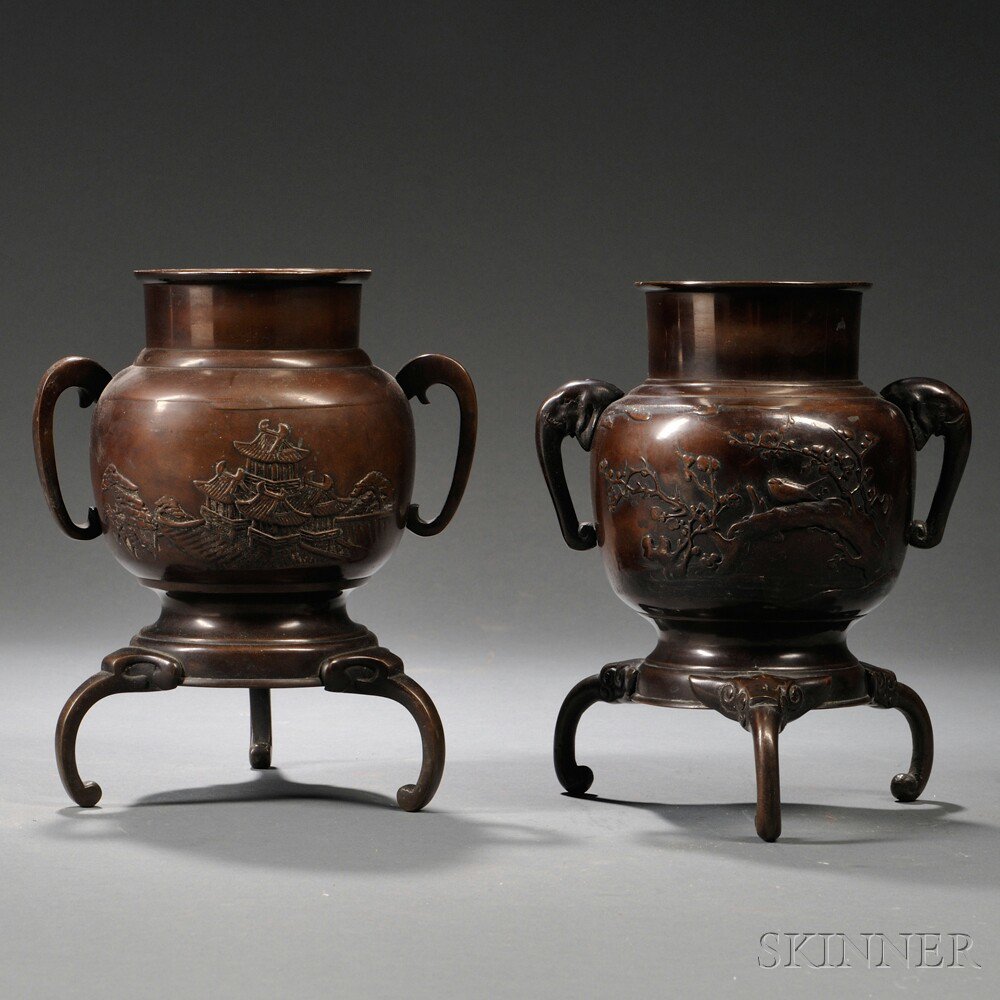 Appraisal: Two Tripod Bronze Vases Japan ovoid one with elephant-form handles