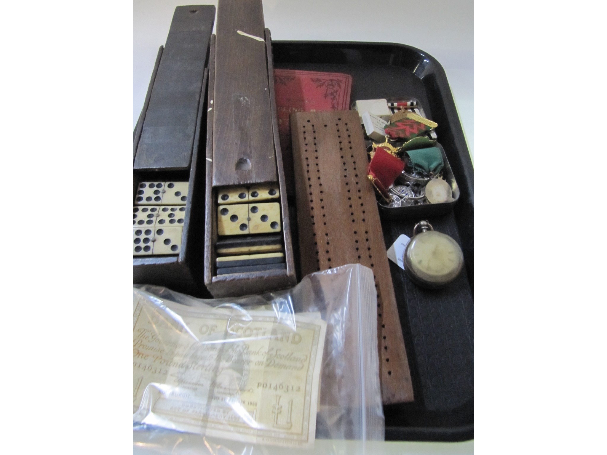 Appraisal: A tray lot of dominoes banknotes medals and a pocket