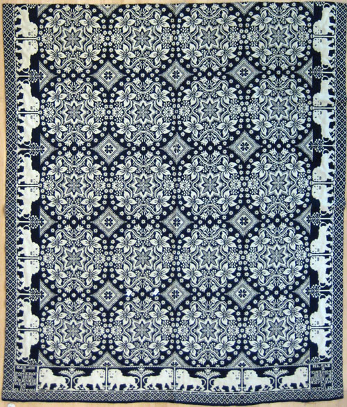 Appraisal: Rare New York blue and white coverlet inscribed Sarah S