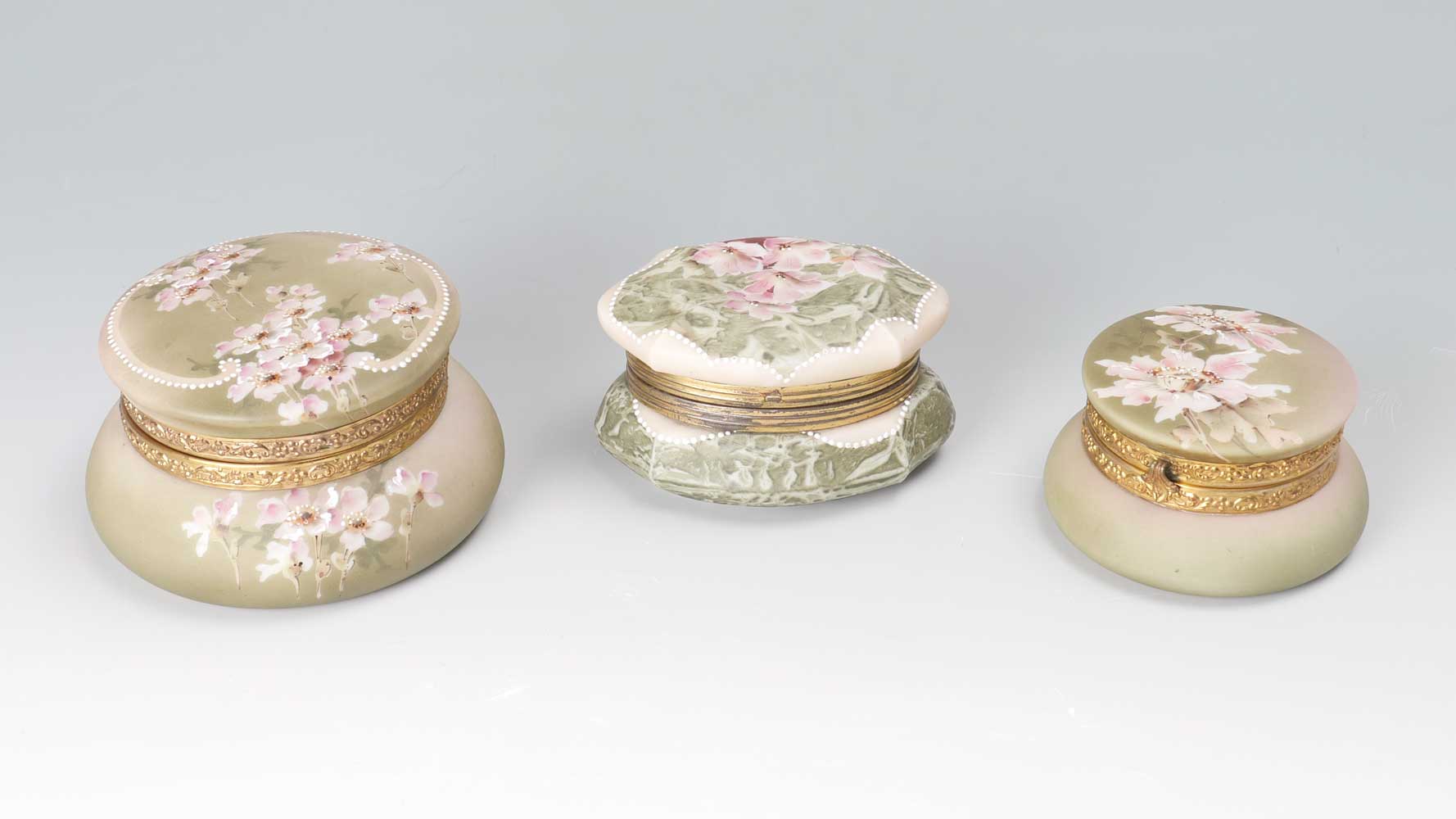 Appraisal: PIECE WAVECREST BOXES art glass Wavecrest boxes having hand-painted floral