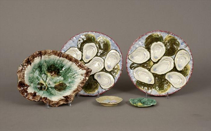 Appraisal: Etruscan Majolica Leaf-From Dish Marked Together with two majolica leaf-form