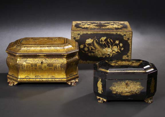 Appraisal: Unusual Chinese Export Deux-Couleur-Gilded Black-Lacquer Tea Chest the interior fitted