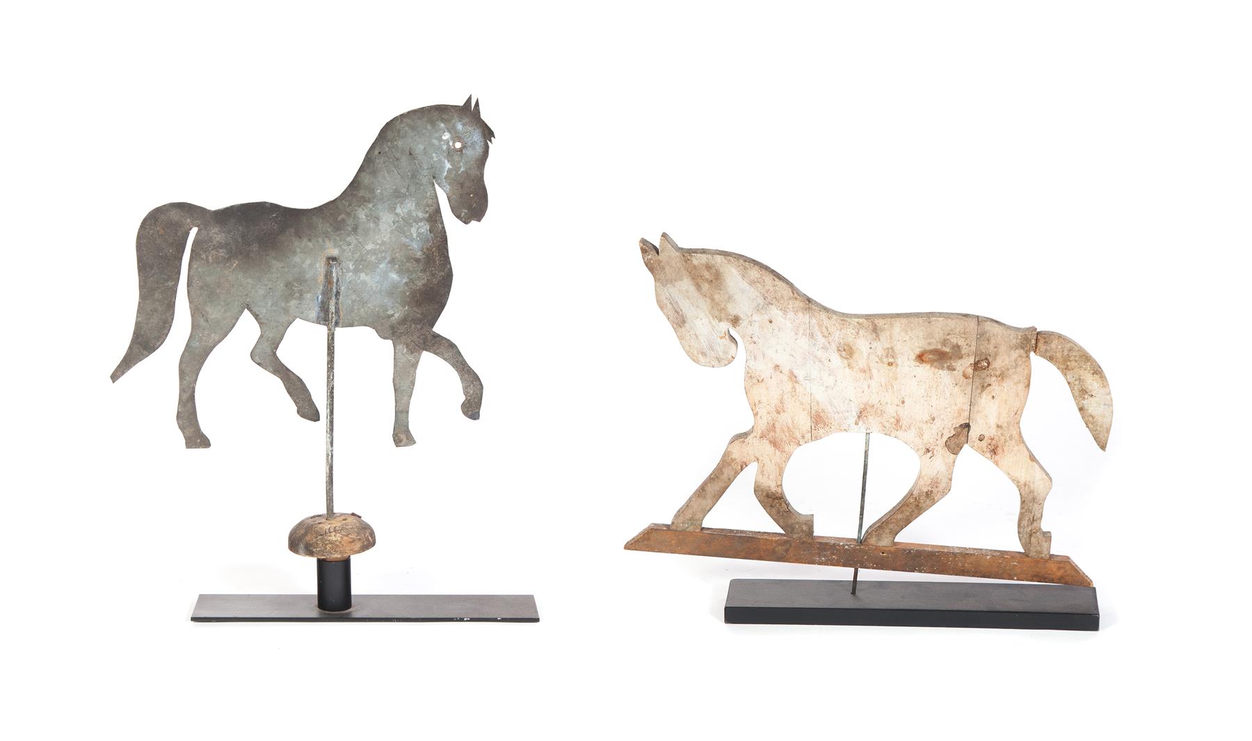 Appraisal: TWO AMERICAN HORSE WEATHERVANES Mid th century Cutout tin silhouette