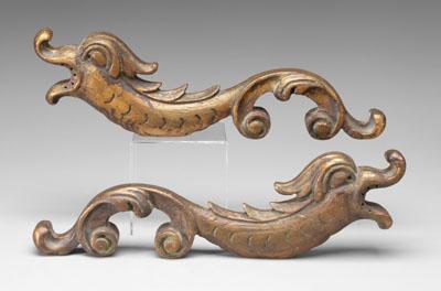 Appraisal: Pair carved wood ornaments shaped as scrolls with fish head