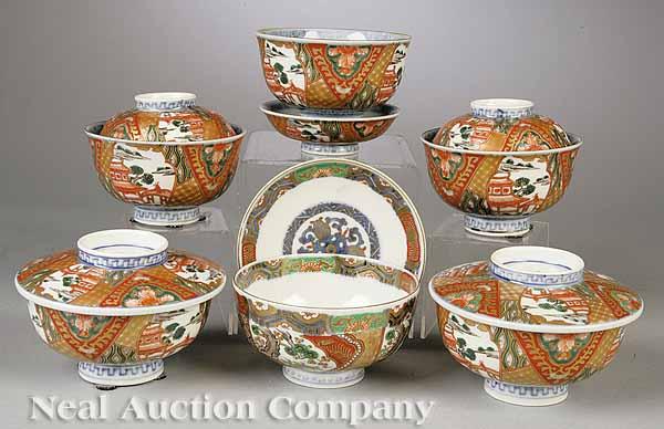 Appraisal: Five Japanese Imari Rice Bowls with Covers th c richly