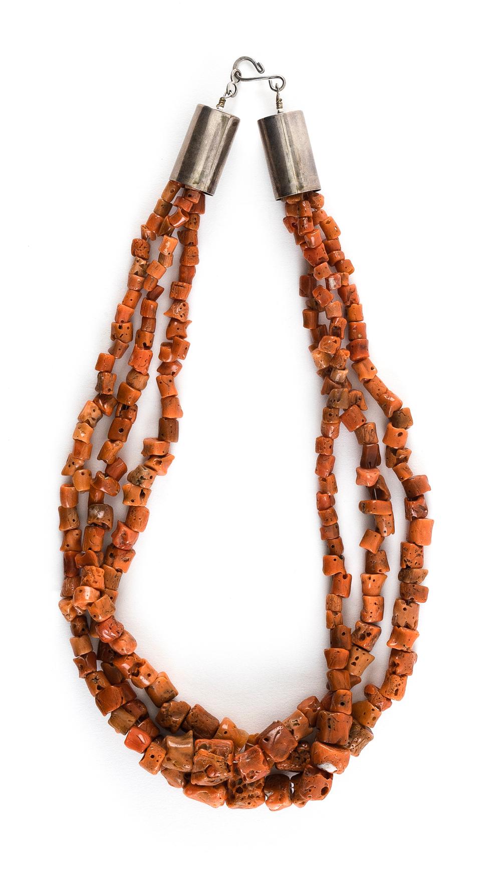 Appraisal: NAVAJO THREE-STRAND NATURAL CORAL NECKLACE MID- TH CENTURY APPROX TOTAL