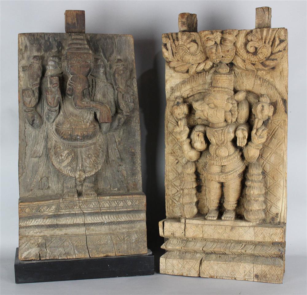 Appraisal: PAIR OF ASIAN CARVED WOOD RECTANGULAR PANELS OF THE HINDU