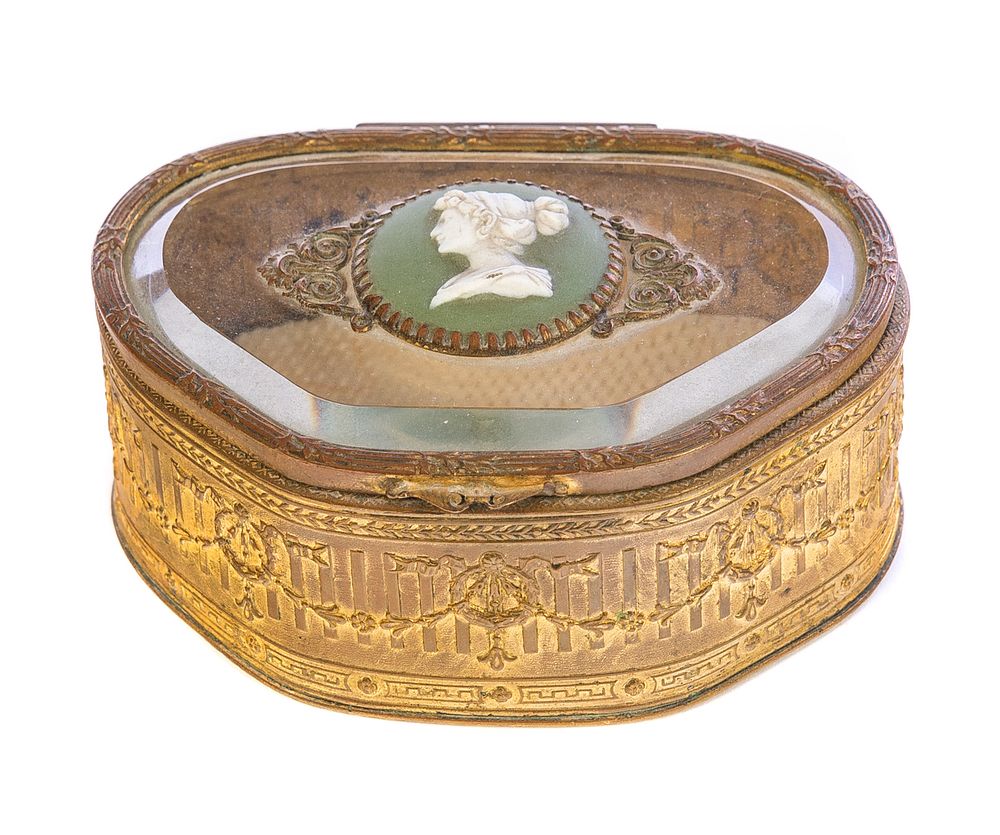 Appraisal: Gold Gilt Dresser Box with Wedgwood Cameo Gold Gilt Dresser