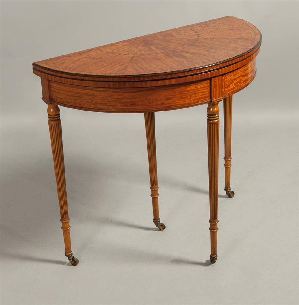 Appraisal: EDWARDIAN INLAID SATINWOOD FIVE-LEGGED DEMILUNE CARD TABLE early th Century