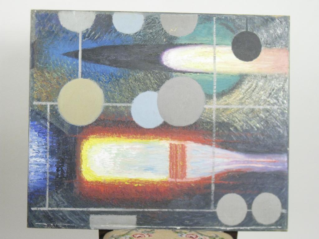 Appraisal: ENGLISH SCHOOL Abstract Bottles and Balls oil on canvas unframed