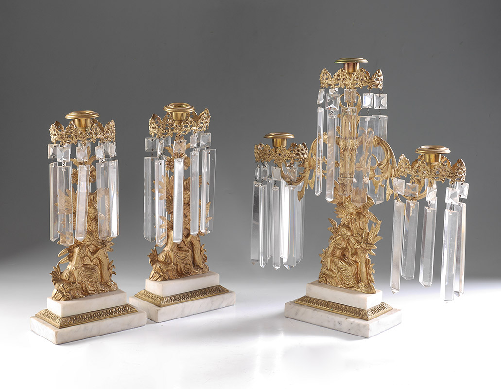 Appraisal: BRASS CRYSTAL PIECE GIRANDOLE SET Matched piece set cast bodies