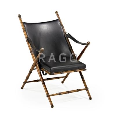 Appraisal: LA BARGE Campaign chair USA s Oak leather and brass