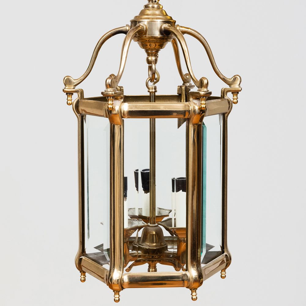 Appraisal: Pair of Regency Style Brass and Glass Hexagonal Hanging Three-Light