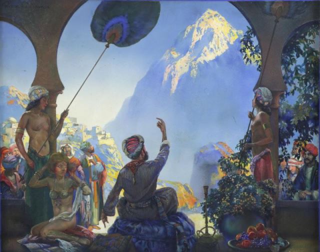 Appraisal: NEWTON Byron Gouache Watercolor OrientalistScene Gathering on the Mountain Signed