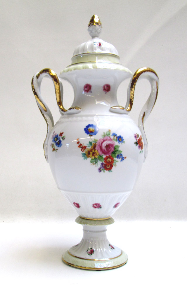 Appraisal: HAND EMBELLISHED CERAMIC LIDDED URN having transferred floral bouquets and