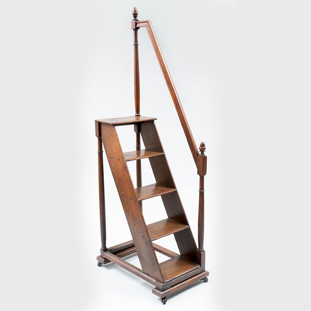 Appraisal: English Oak Library Ladder Raised on casters x x in