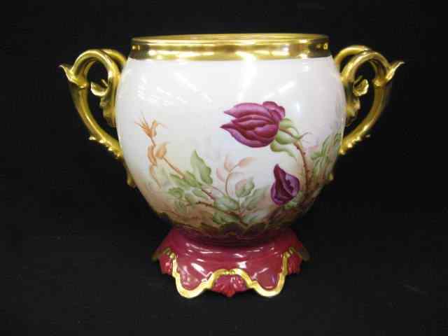 Appraisal: Elite Limoges Handpainted PorcelainJardiniere elaborate gold handles multi-color roses burgundy