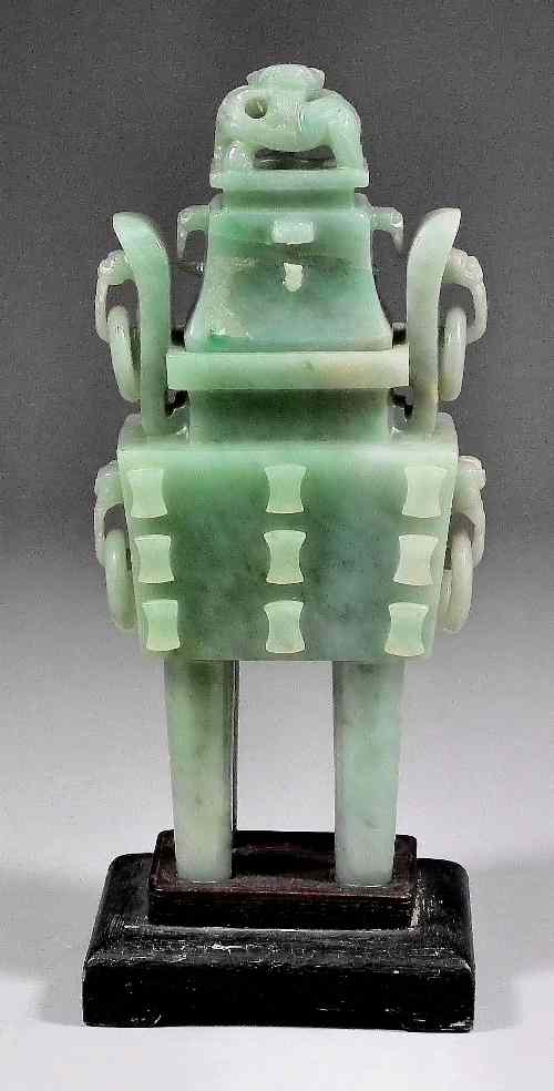 Appraisal: A Chinese green jadeite rectangular two-handled incense burner and cover