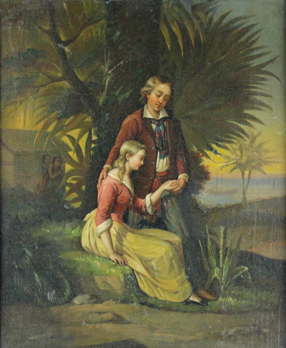 Appraisal: TH CENTURY COUPLE HOLDING HANDS IN A CARRIBEAN SETTING Oil