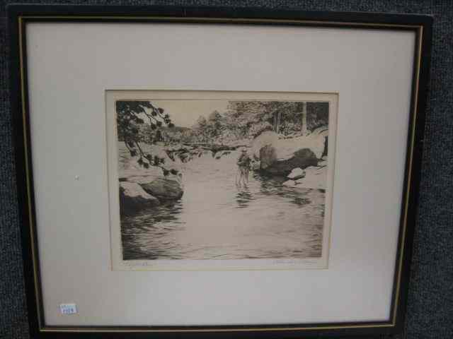 Appraisal: Churchie Ettinger etching fly fisherman ''Tight Line'' listed artist ''