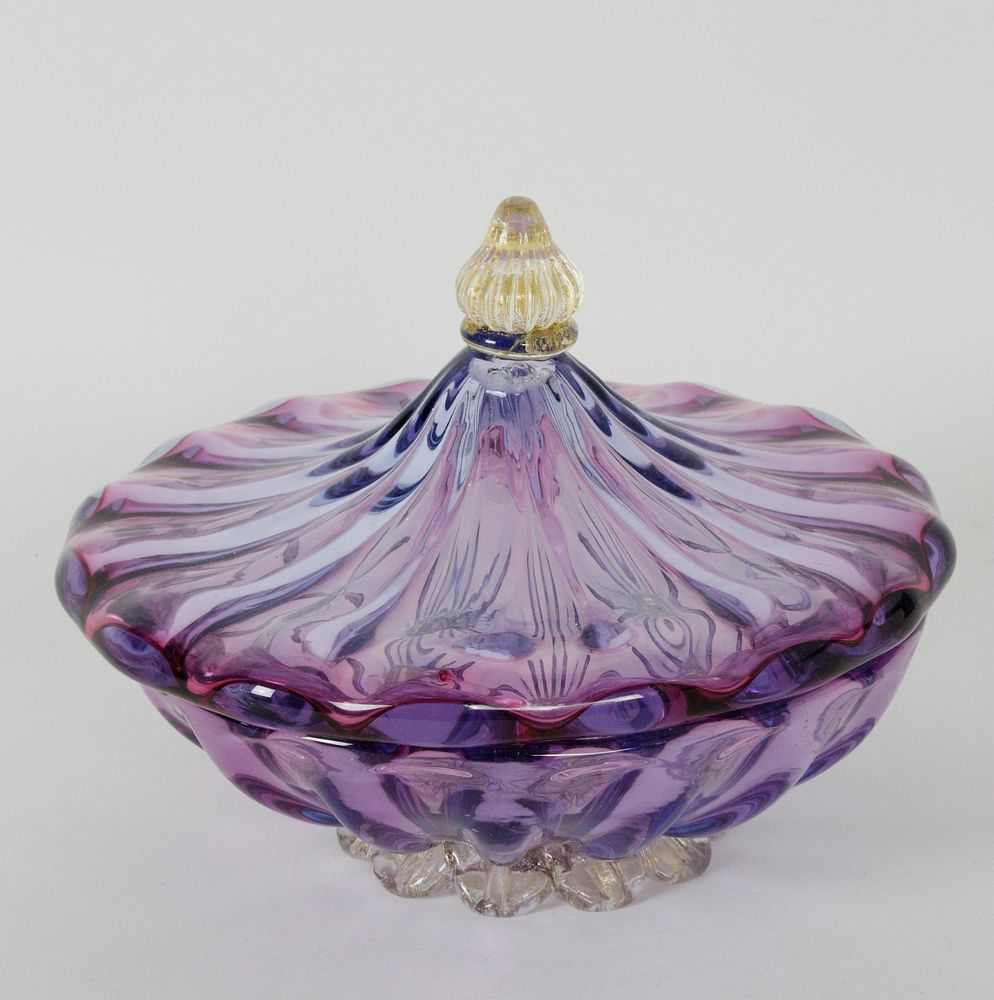 Appraisal: Venetian Hand Blown Lavender Glass Covered Bowl Venetian Hand Blown