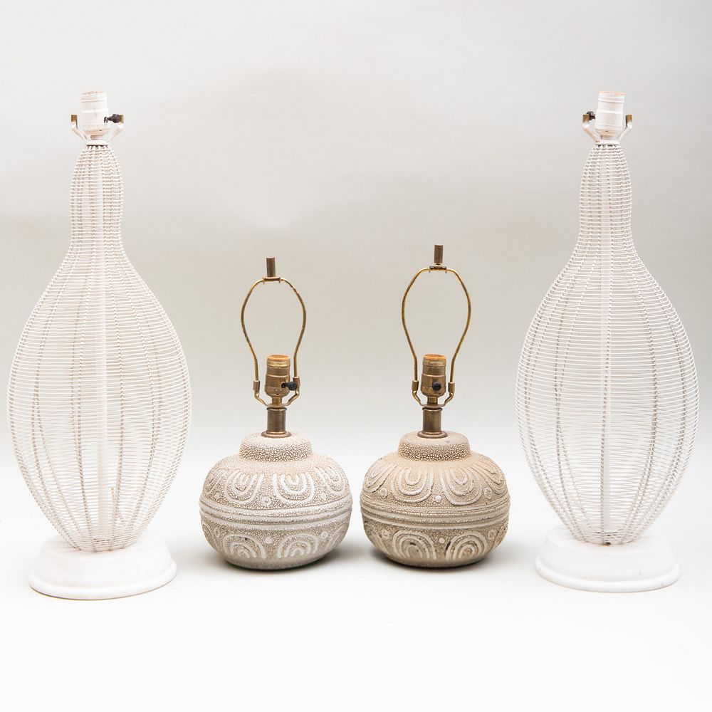 Appraisal: Pair of White Painted Wire Gourd Form Table Lamps and