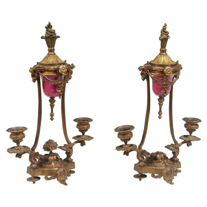 Appraisal: Pair of Gilt Bronze and Porcelain Candelabra th c with