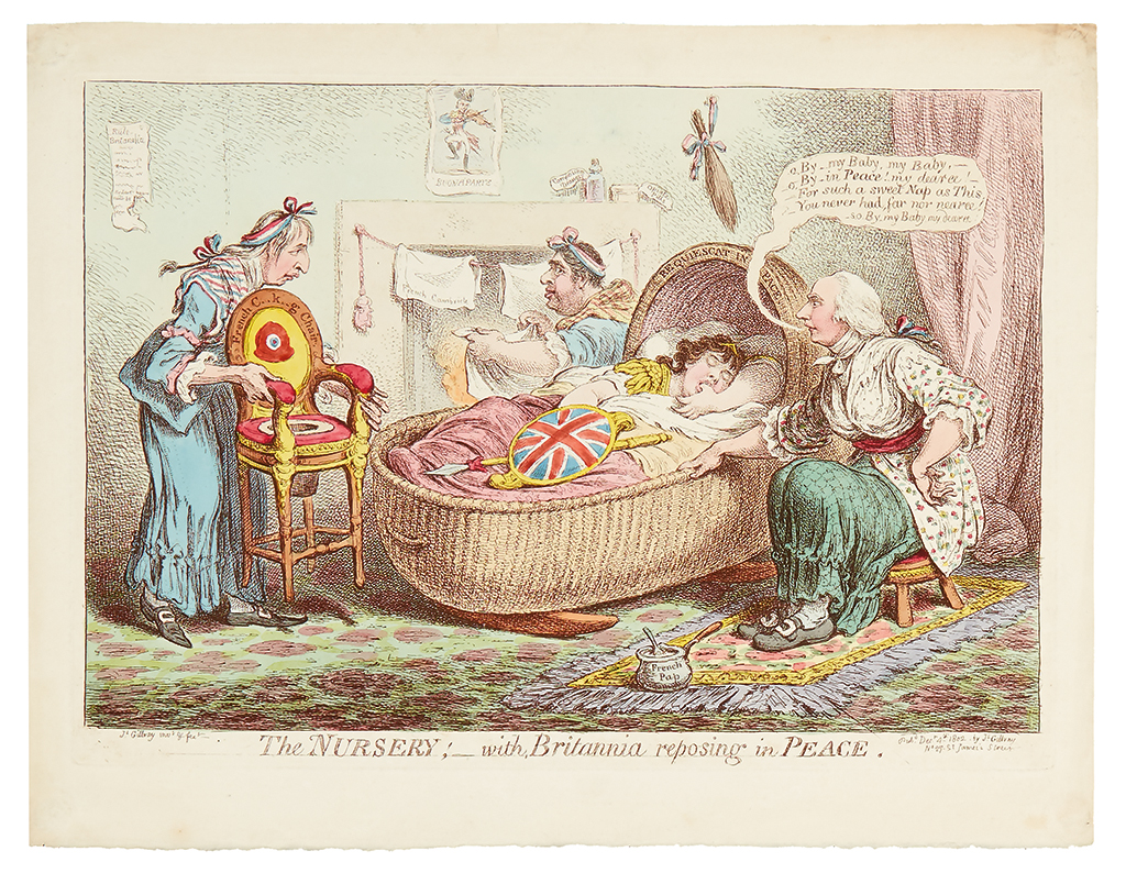 Appraisal: GILLRAY JAMES The Nursery with Britannia reposing in Peace Hand-colored