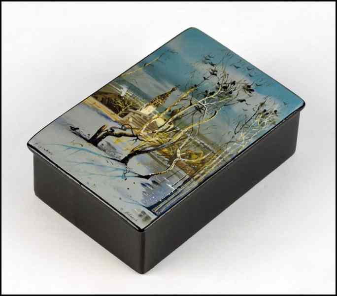 Appraisal: RUSSIAN LACQUERED BOX Depicting a winter scene signed H ''