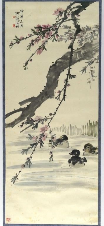 Appraisal: Chinese hanging ink and watercolor painting with cherry blossoms and