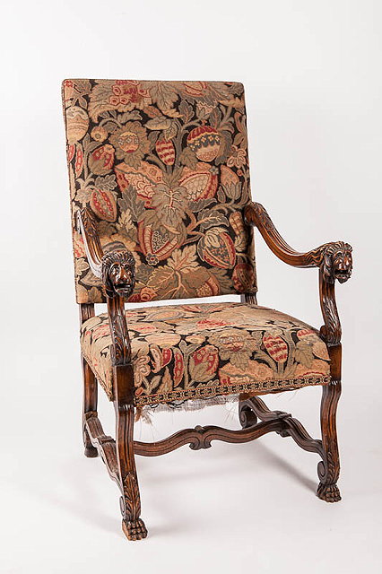 Appraisal: A TH CENTURY SOUTHERN EUROPEAN STYLE OPEN ARMCHAIR with tapestry