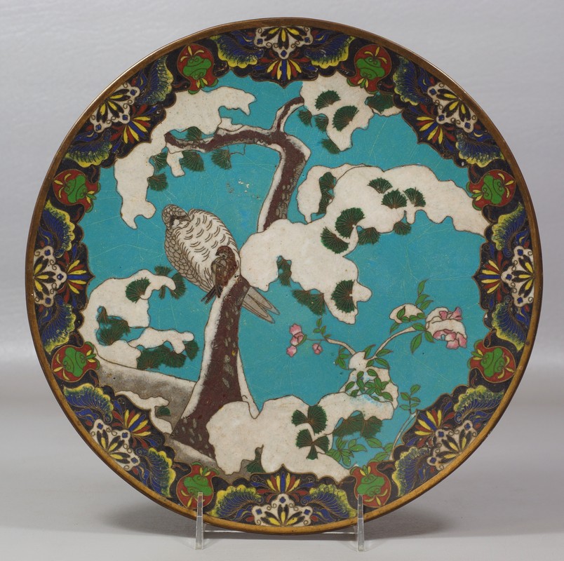 Appraisal: Japanese Cloisonn Charger depicting a hawk on snowy branches diameter