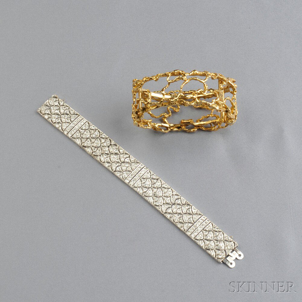 Appraisal: Art Deco Platinum and Diamond Bracelet with kt Gold Sleeve