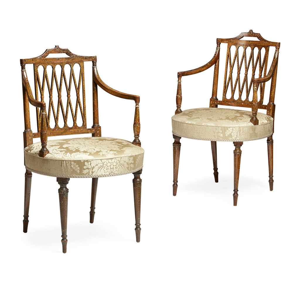 Appraisal: PAIR OF GEORGE III PAINTED HEPPLEWHITE ARMCHAIRS LATE TH CENTURY