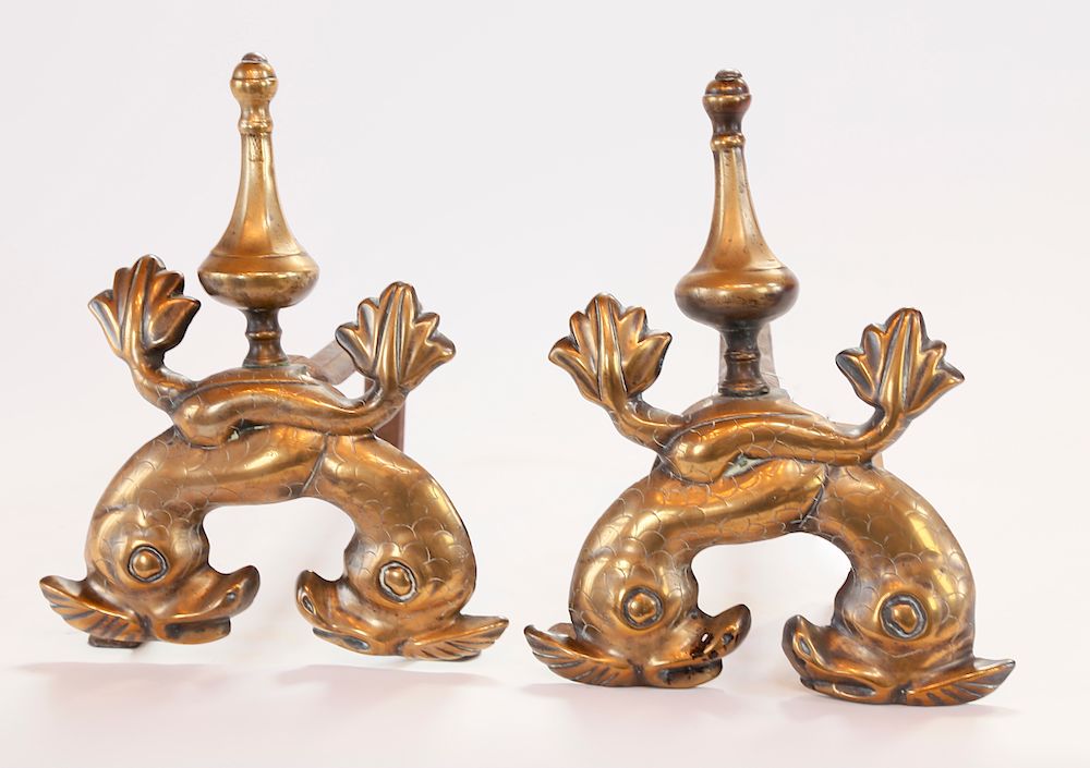 Appraisal: Pair of th Century Double Dolphin and Finial Brass Andirons