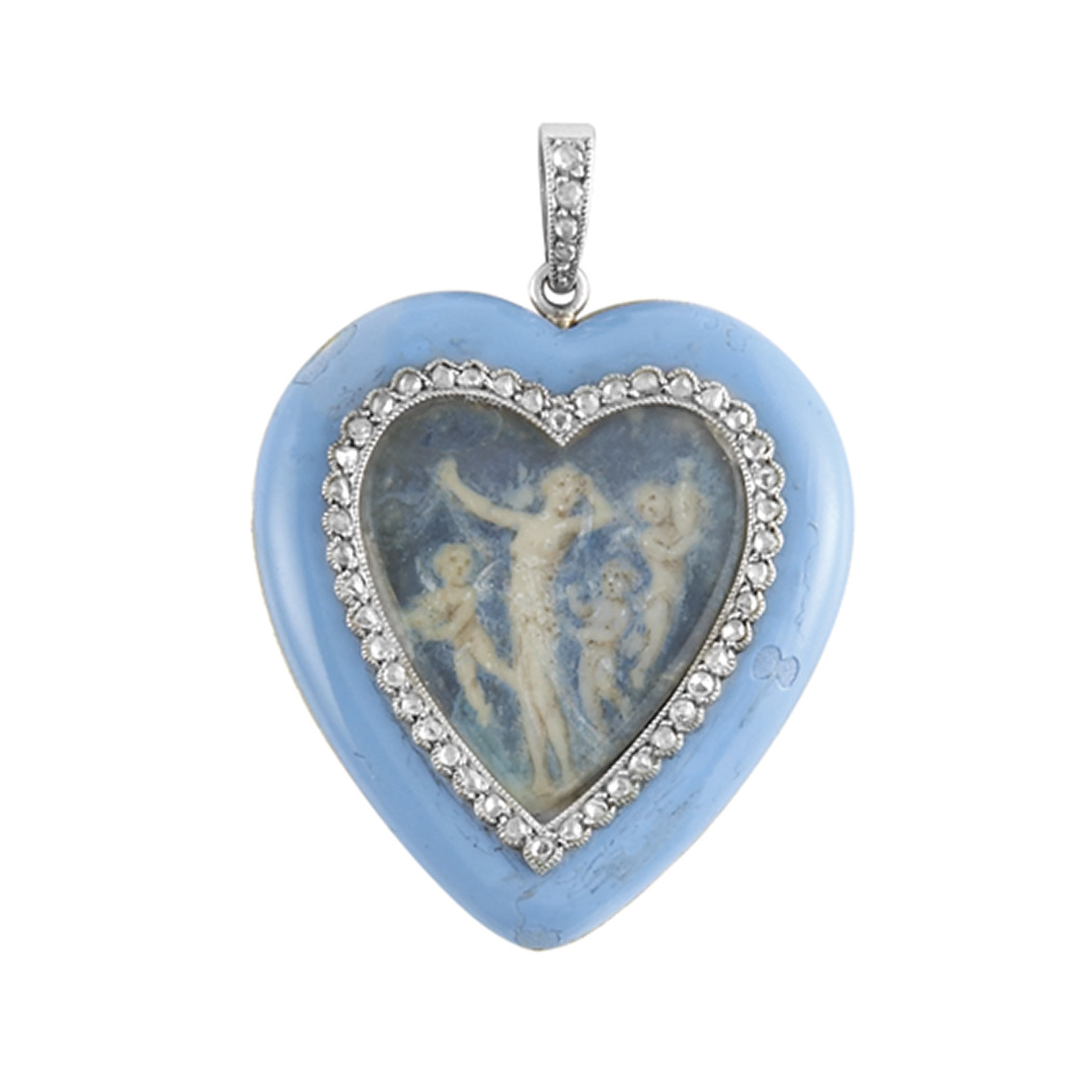 Appraisal: Edwardian Enamel Guilloche Enamel and Diamond Heart Pendant-Watch Platinum gold