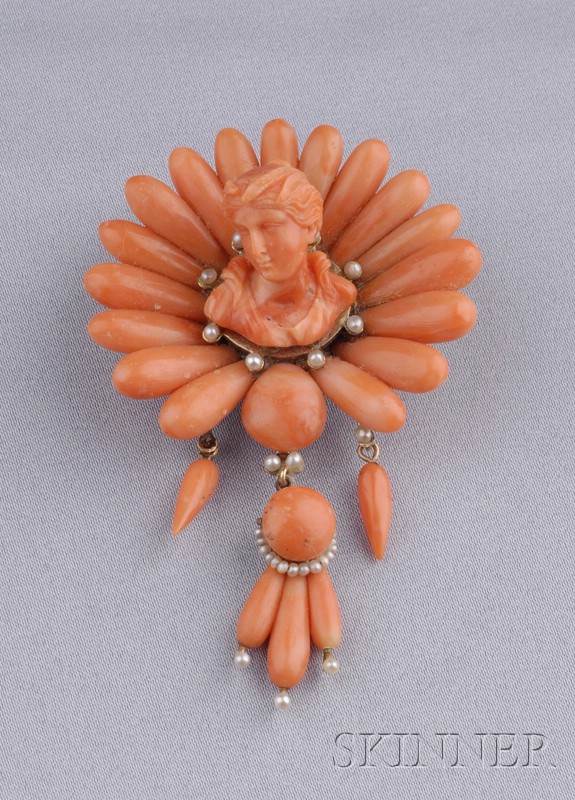 Appraisal: Antique Coral Brooch centering a high-relief cameo of Demeter with